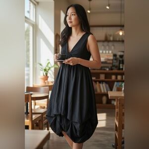 Katherine Barclay Black Cotton Silk Bubble Hem Dress | Size M